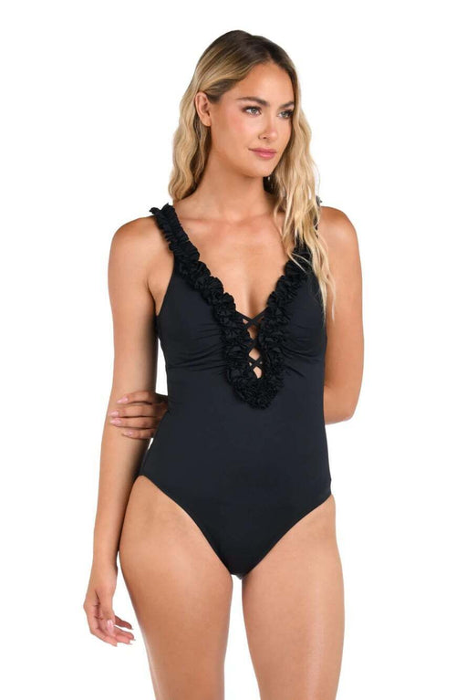 La Blanca Women's 14 Island Goddess Ruffle V-Plunge One-Piece Swimsuit NWT $137