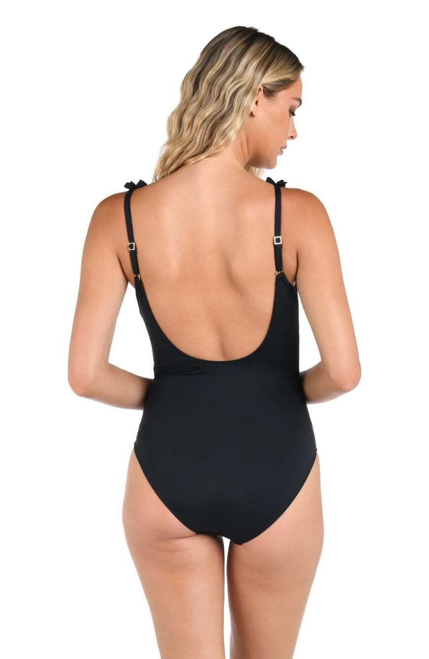 La Blanca Women's 14 Island Goddess Ruffle V-Plunge One-Piece Swimsuit NWT $137